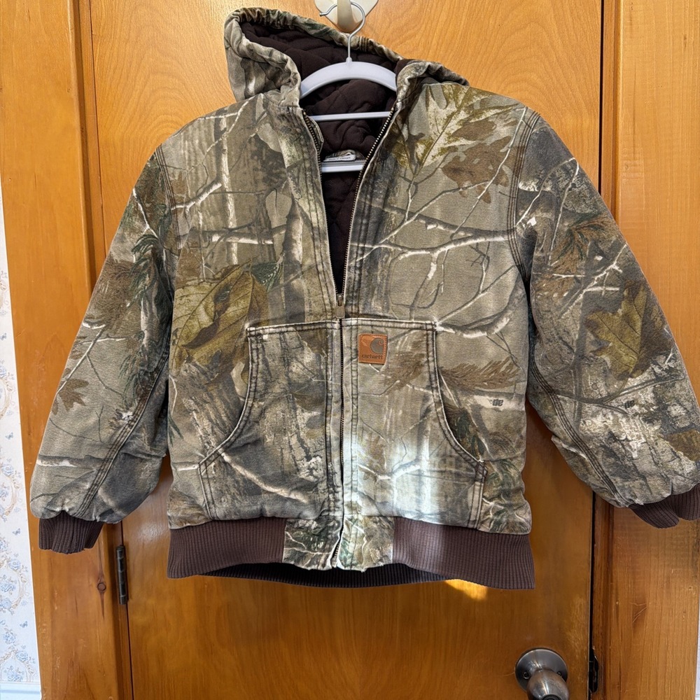 Carhartt Camo Canvas Jacket RealTree Xtra Quilted Flannel Youth Medium 10-12